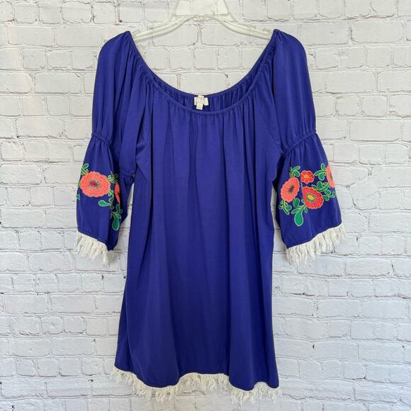 Umgee Wms Large Purple Off Shoulder Mini Dress Embroidered Flowers Boho Peasant - Picture 1 of 11